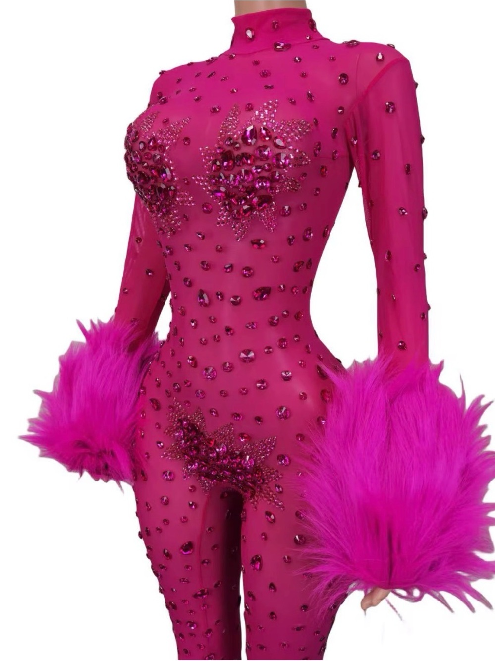 Fuchsia Jeweled Mesh Catsuit with Feather Cuffs